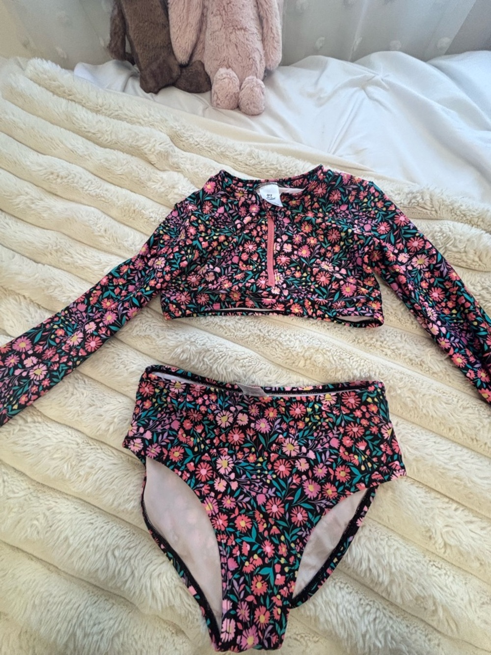 art class Pink Floral Long-Sleeve Rashguard Bikini Set with Green Accents